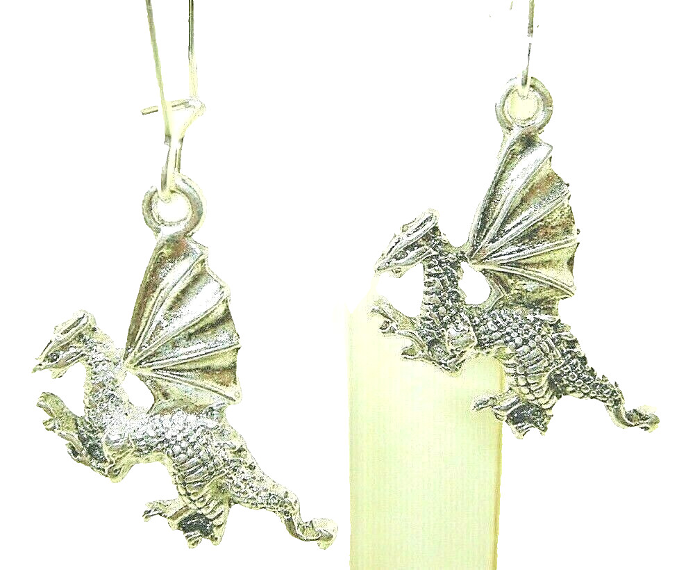 New Small Xlt Winged DRAGON Godzilla Silver-tone Dangle Earrings 1-9/16″ Long