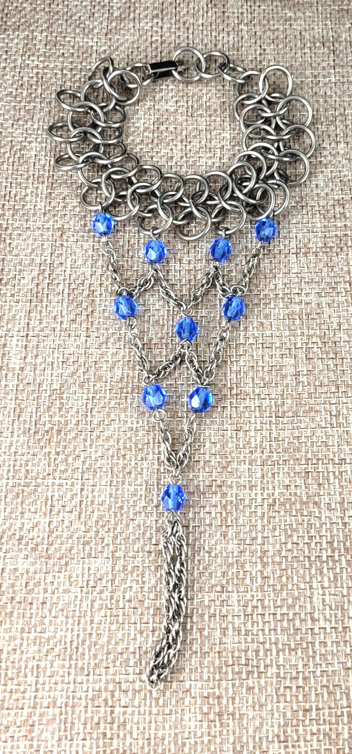 Silver Tone Blue Bead Chainmail Hand Harness Bracelet Attached Ring 6.5″
