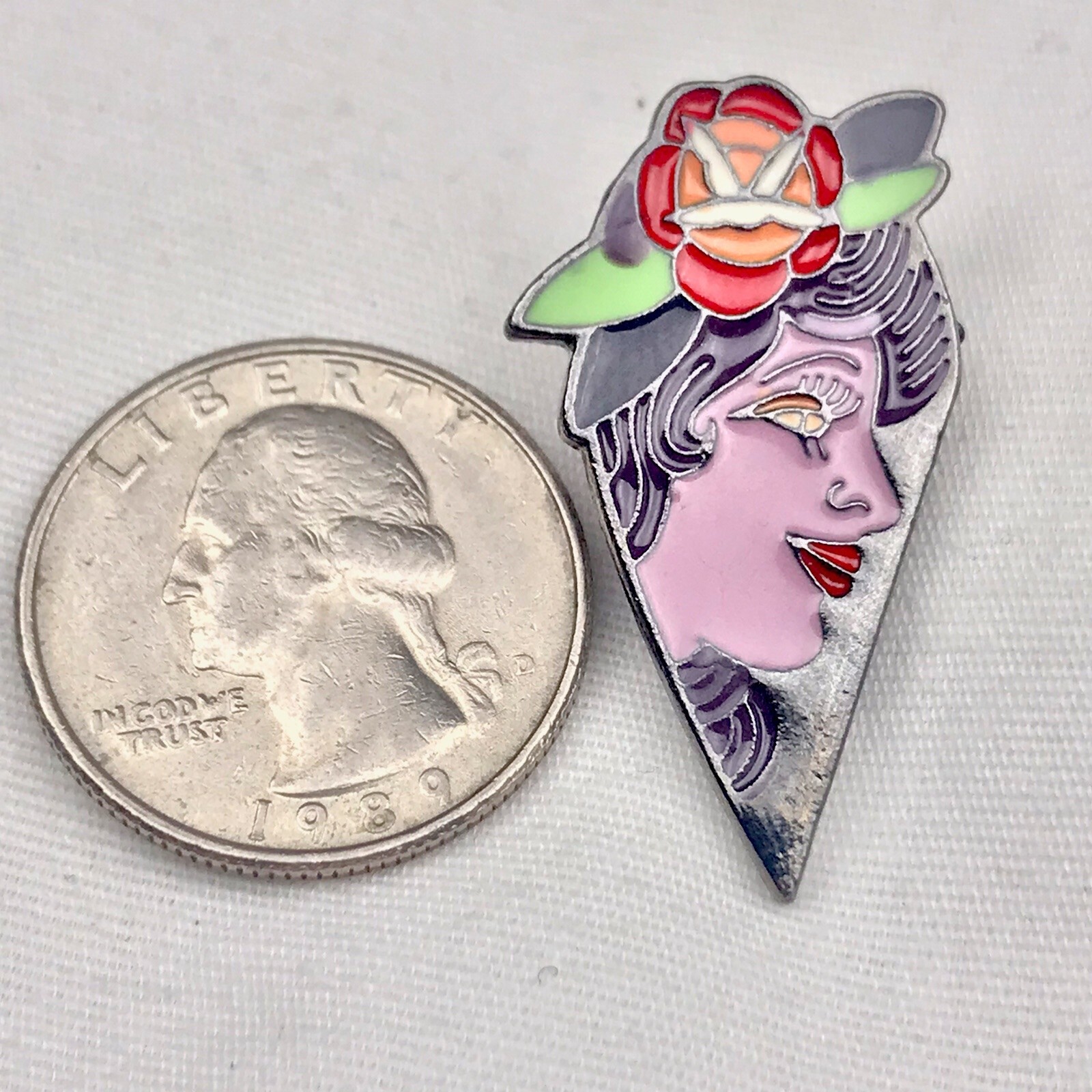 Enamel Pin Womens Traditional Tattoo Art Stylized Woman Face Wearable Art
