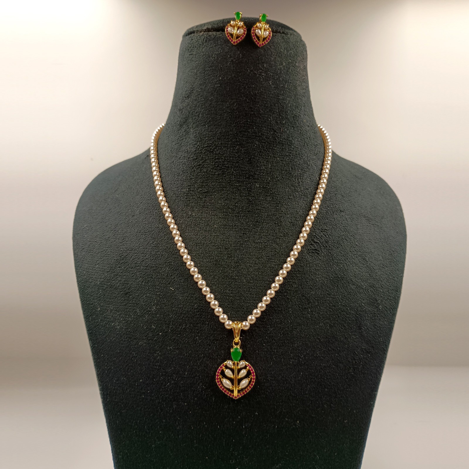 Ruby Emerald Pearl Pendant Set, 22k Gold Plated Traditional Indian Wedding Jewel