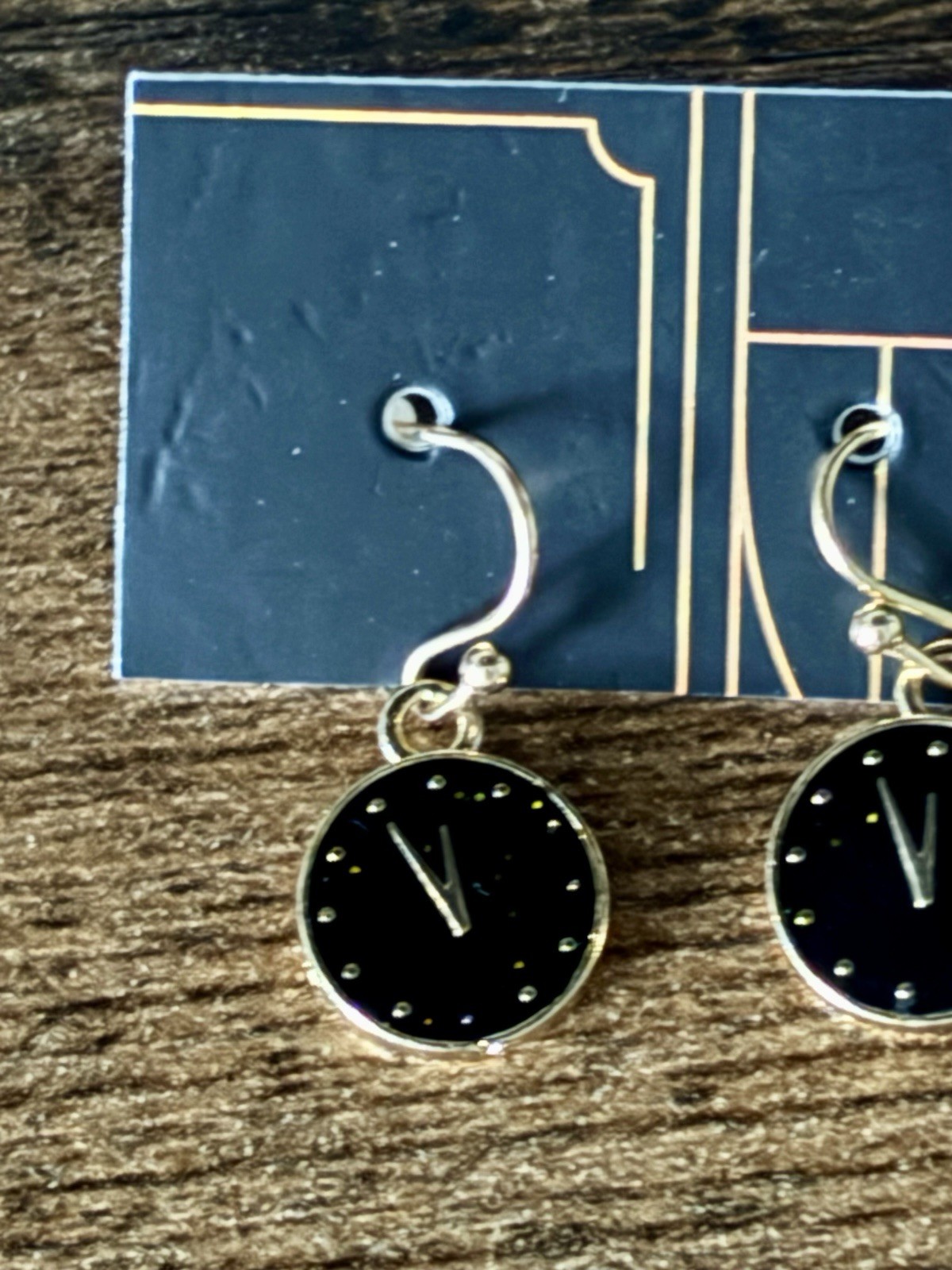 New Years Round Clock Dangle Gold Tone French Wire Close Earrings
