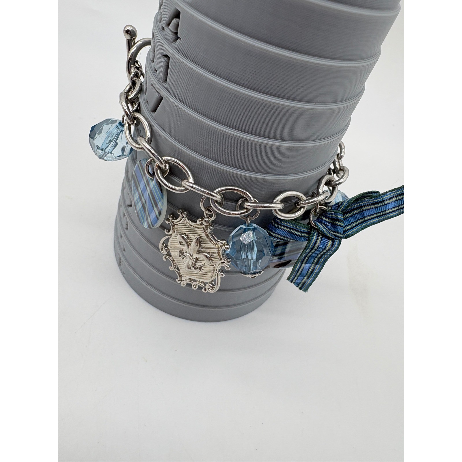 Blue Plaid Fleur De Lis Charm Bracelet Silver Tone Toggle Clasp Glass Bead Bow