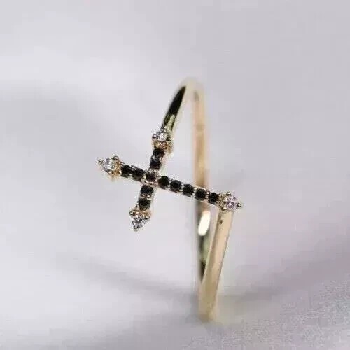 1Ct Round Cut Simulated Black Diamond Cross Promise Ring 14K Yellow Gold Plated