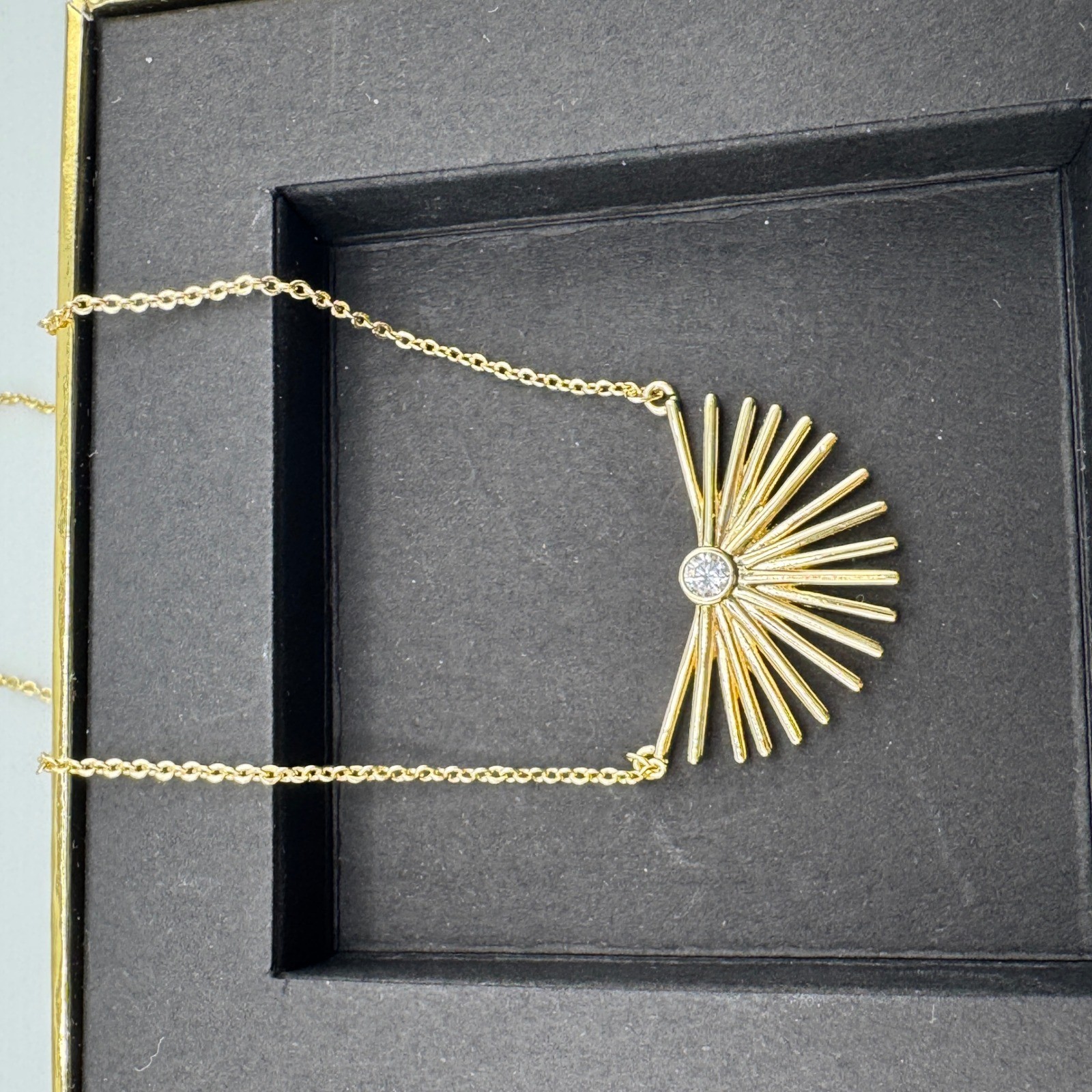 Gold Sunburst Pendant Necklace Art Deco Fan Crystal Accent Adjustable Chain