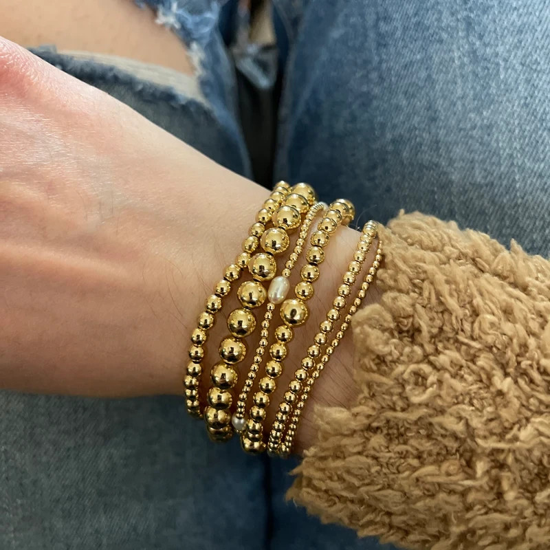 2PCS Vintage Dainty 2-3mm Gold Filled Beaded Layering Bracelet Stretch Jewelry