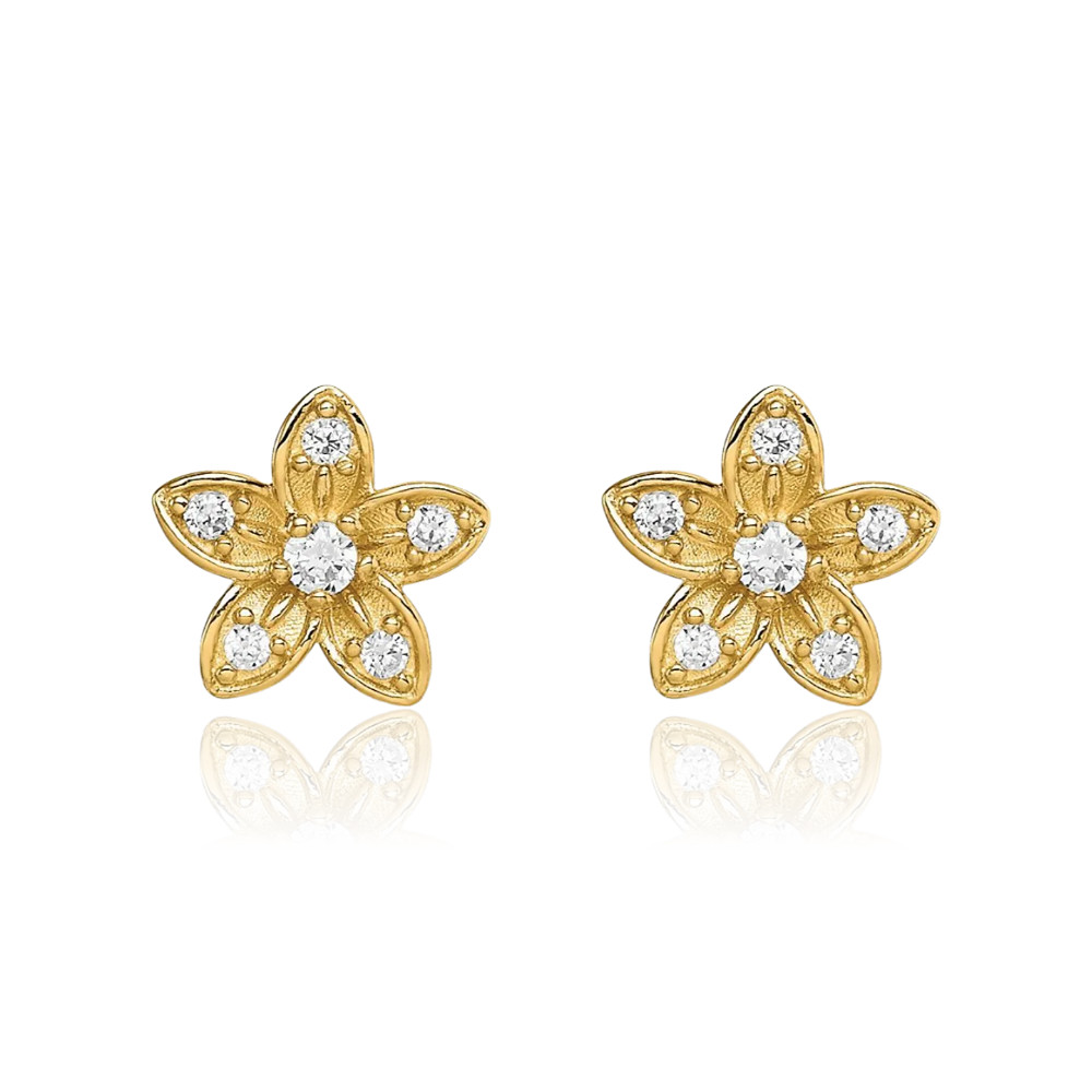 14K Solid Yellow Gold Cubic Zirconia Medium Flower Stud Earrings 6.8mm 1/4 inch