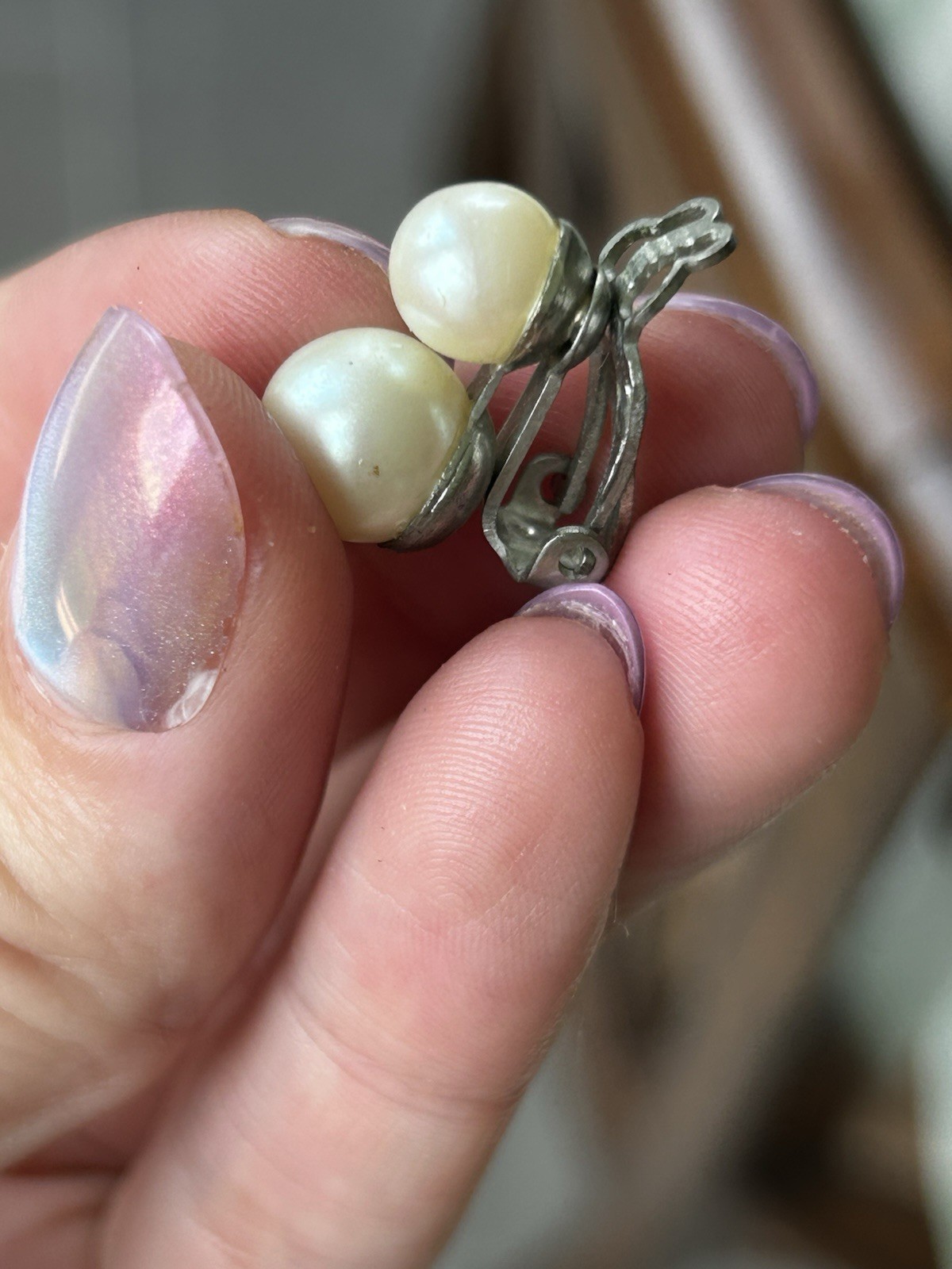 White Round Pearl Clip-On Stud Earrings Double Pearl-Look Silver Tone Metal
