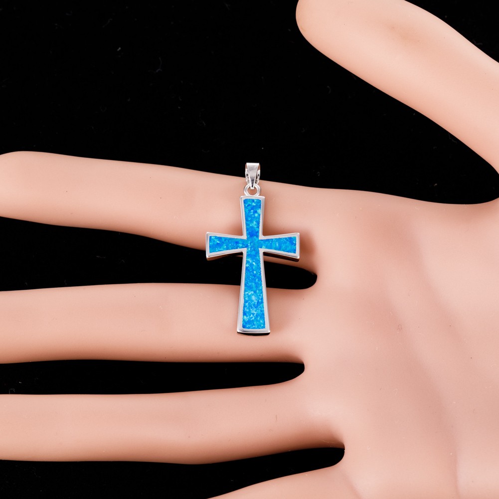 Classic Latin Cross Ocean Blue Fire Opal Silver Jewelry Necklace Pendant
