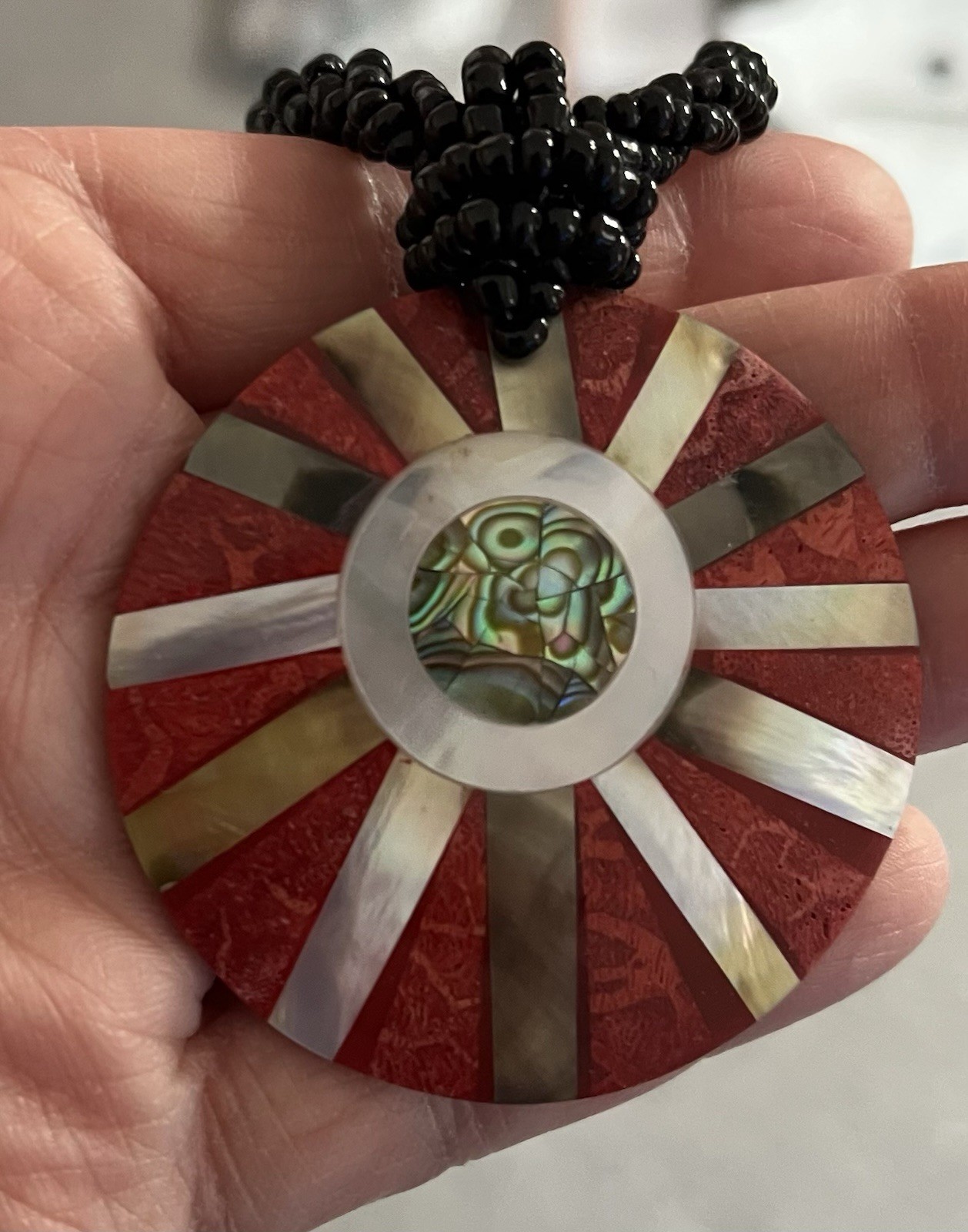 Mosaic Style Shell Pendant On Black Microbead Necklace, Very Good Condition