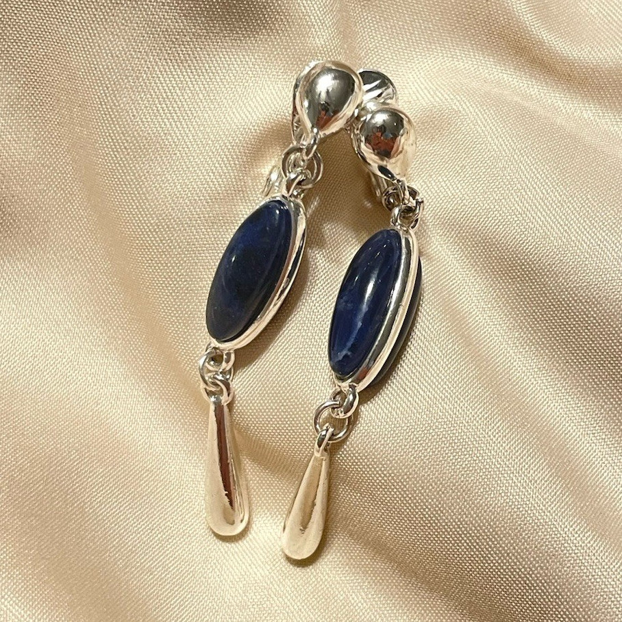 Vintage Monet Silver Tone Blue Marquise 2-Stone Dangle Drop Clip-on Earrings