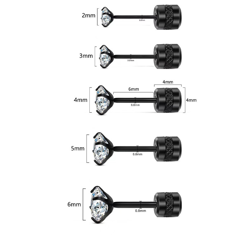 PAIR Silver Prong Set Black CZ Stud Earrings Screw Back Surgical Steel Gift PE30