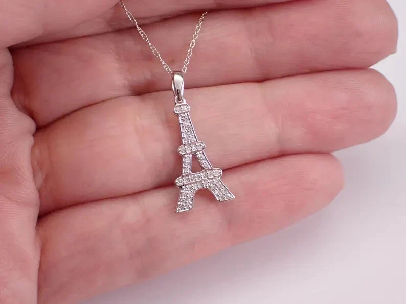 1Ct Round Simulated Diamond Eiffel Tower Pendant Necklace 14k White Gold Plated
