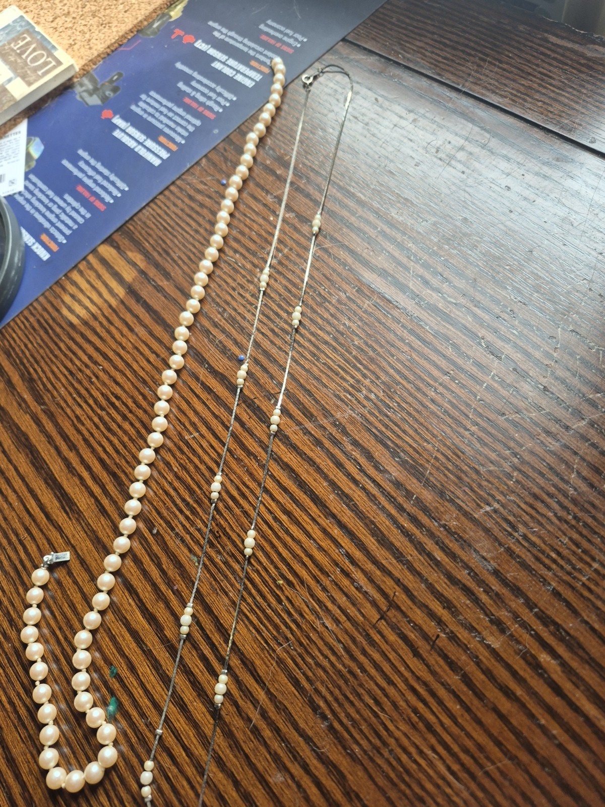 Lot of 2 Cream Imitation Pearl Beaded Necklace & Silver Cable Station Chain