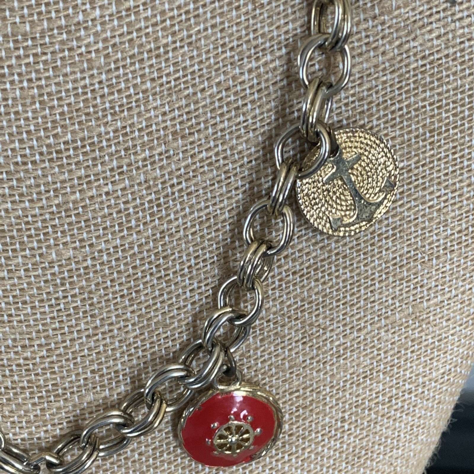 Vintage Nautical Charm Necklace Mid Century Gold Tone Chain Unsigned 32”