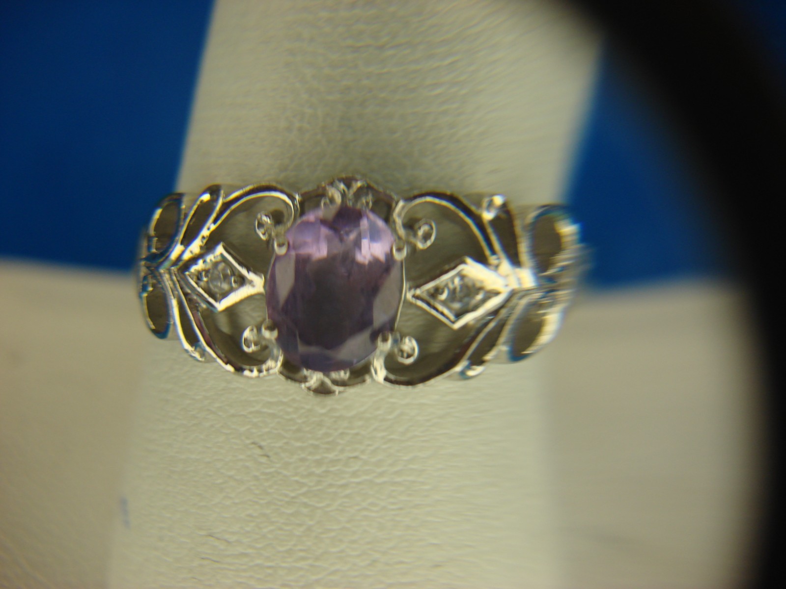 FILIGREE STERLING SILVER RING WITH 6X8 MM AMETHYST & SIM. DIAMONDS