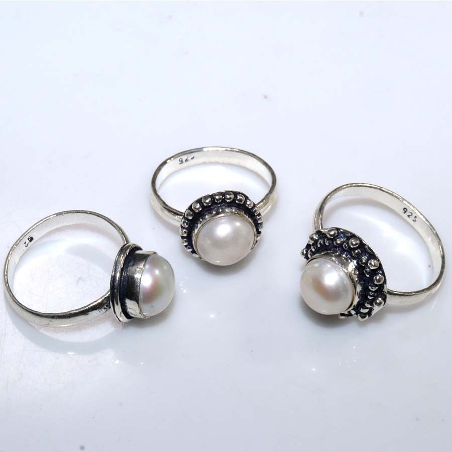 3 pcs 925 Silver Plated Pearl Jewellery Ring Handmade Gemstone Size Us 6-9