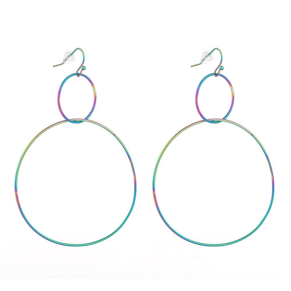 Stainless Steel Dangle Earrings Plastic Ear Nuts Ring Rainbow 75mm 0.6mm Z319