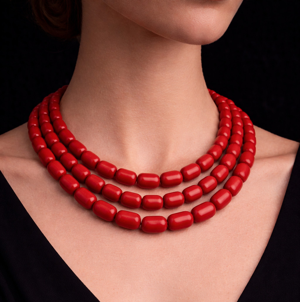 Red Coral Necklace 3 Strand 8x10mm Drum Bead 18″ Layered Chunky Barrel Statement