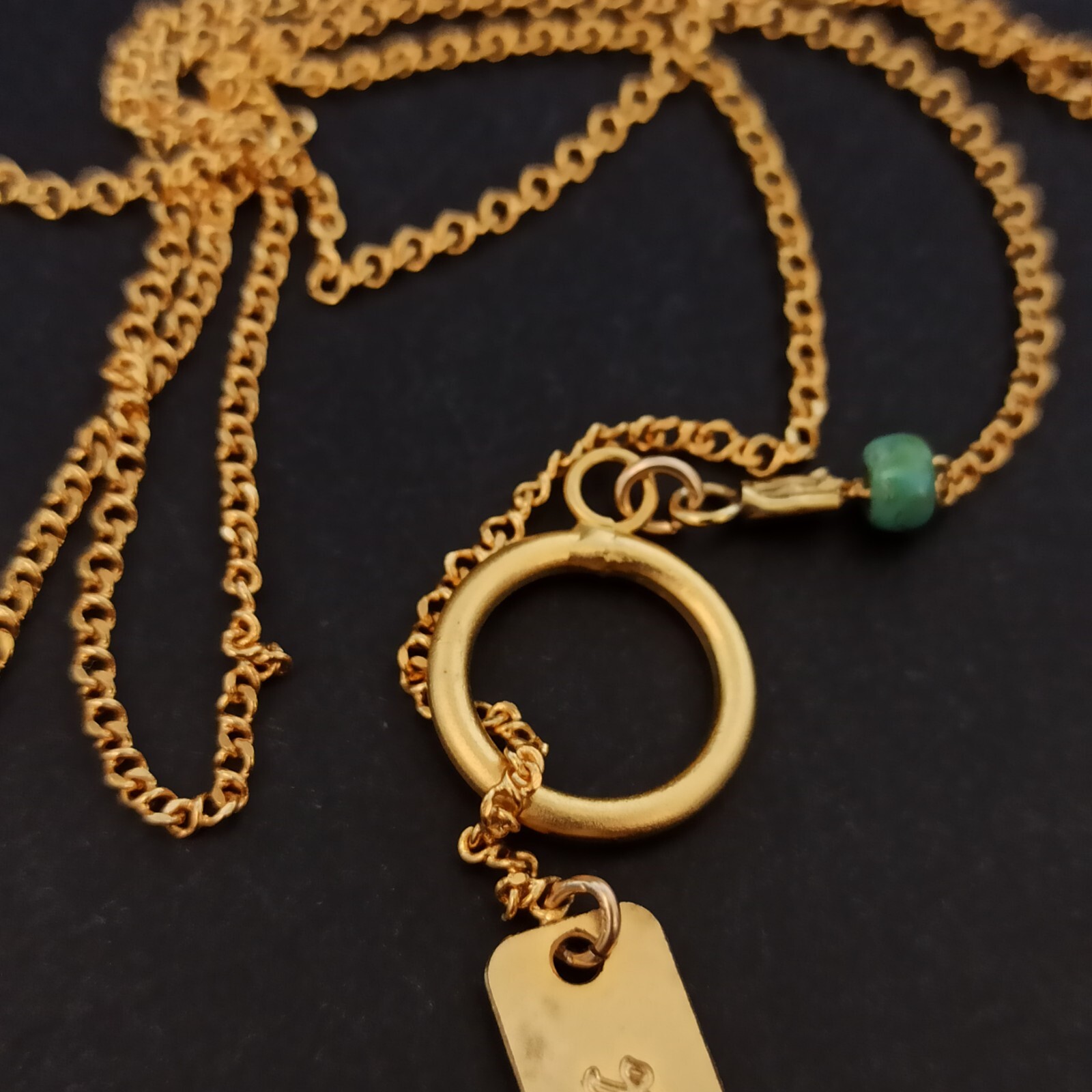 Faith Necklace Hebrew Letters Gold Tone Y-Drop Tie Modernist Brushed Turquoise