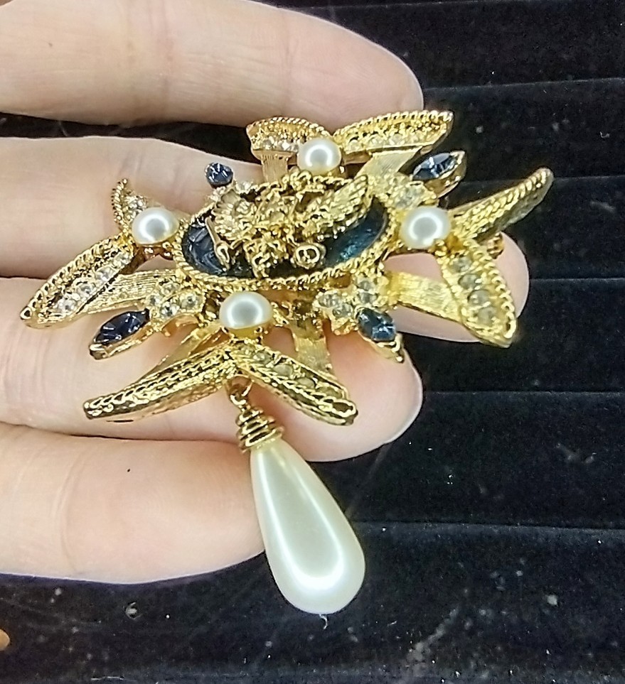Vtg Russian Maltese Cross Brooch Pin Pendant Blue Enamel Rhinestone Faux Pearl