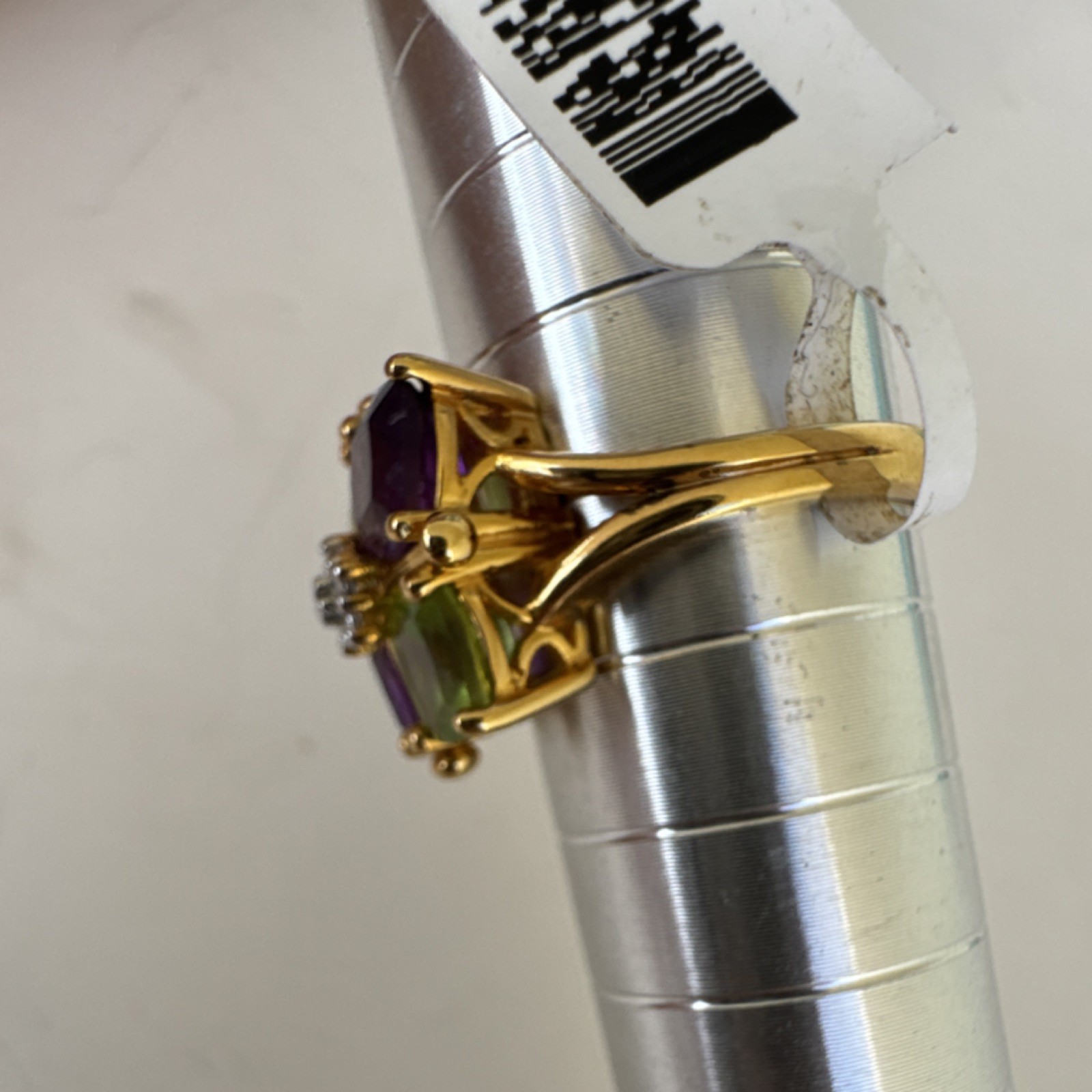 Gold Tone Metal Square Green & Purple Stone Cocktail Ring Prong Setting Size 7