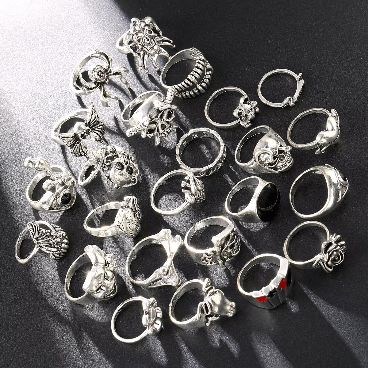 24pcs Gothic Skeleton Ring Set Punk Grunge Unisex Street Jewelry Gift Free Ships