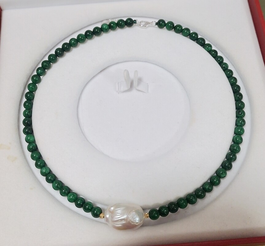 Natural 6mm Emerald Round Beads 15*20mm White Baroque Pearl Necklace 16″-22″AA