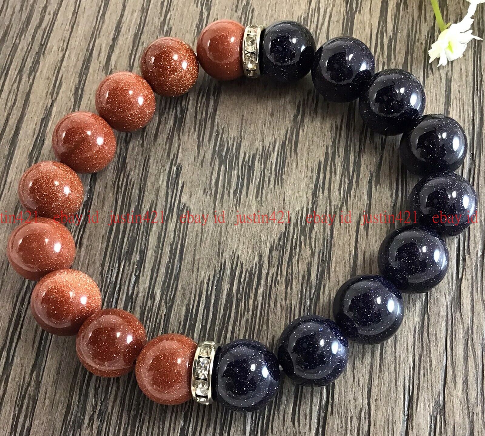 Natural 10mm Pretty Gold & Blue Sandstone Round Gemstone Elastic Bracelet 7.5″