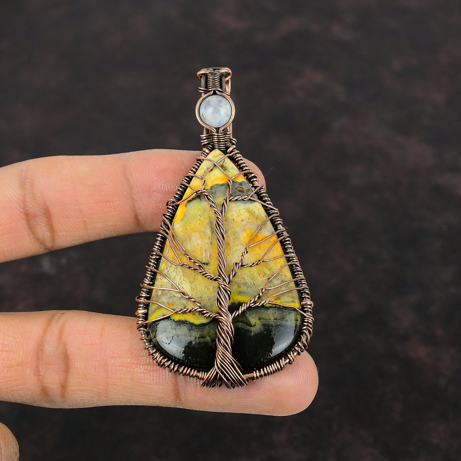 Women Day Gift Bumble Bee Jasper Copper Wire Wrapped Tree Of Life Pendant 3.15″