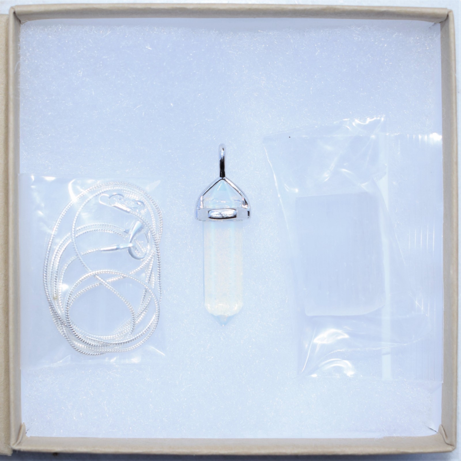 Faceted Radiant Opalite Crystal Pendant + 20″ Stainless Steel Chain & Charger