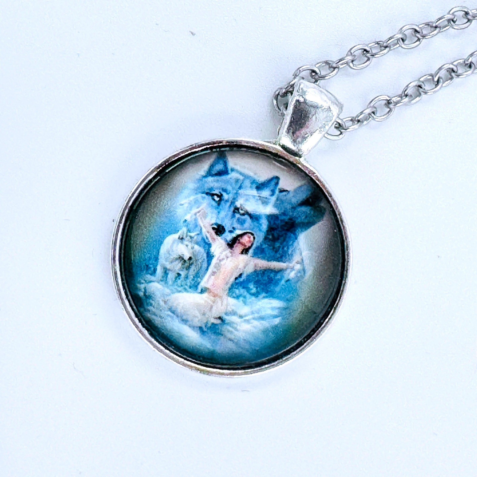 Wolf and Woman Pendant Necklace Silver Tone Chain Unique Fantasy Art Jewelry
