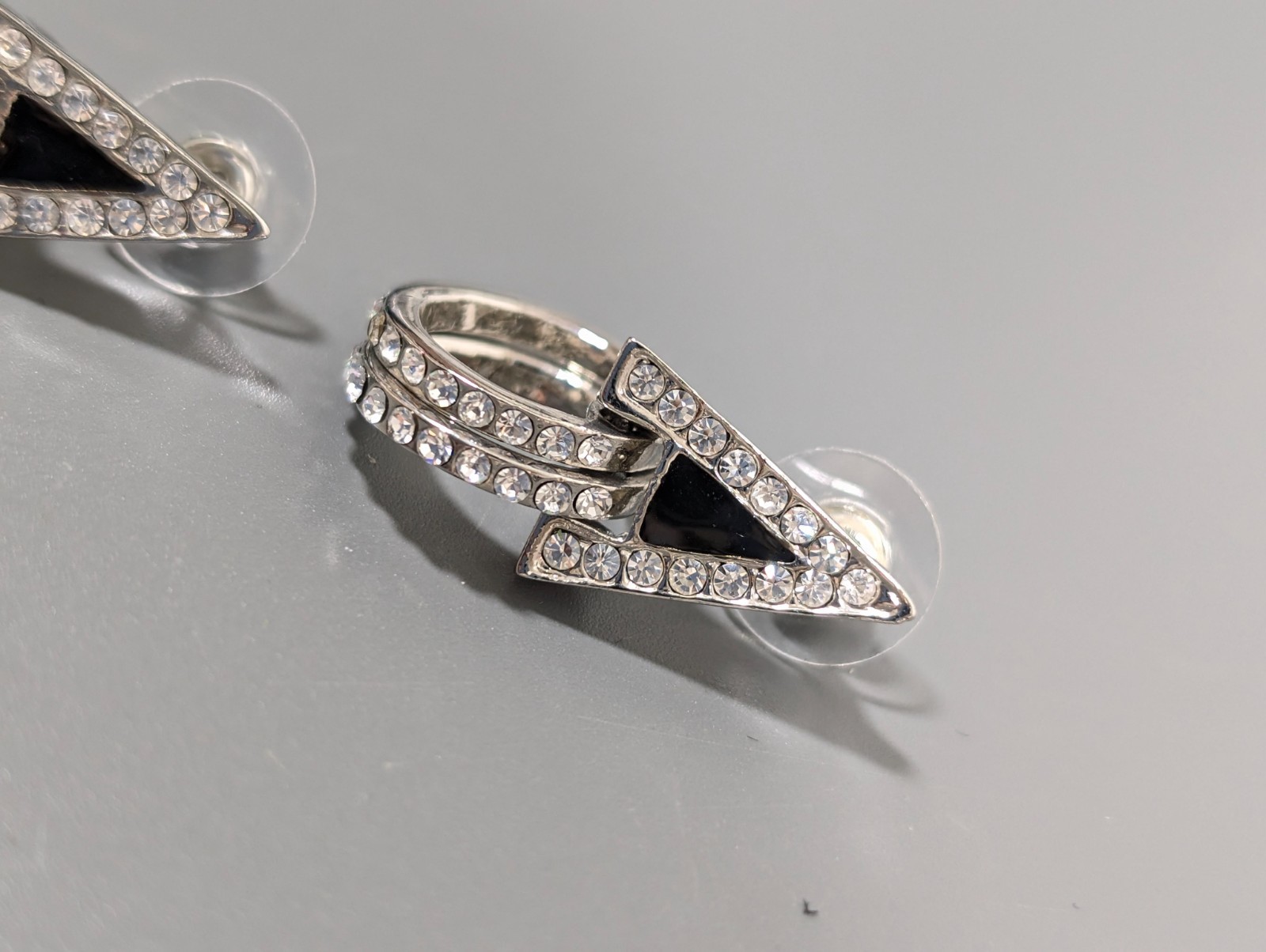 Retro Art Deco Black Triangle Rhinestone Pave Hoop Dangle Earrings