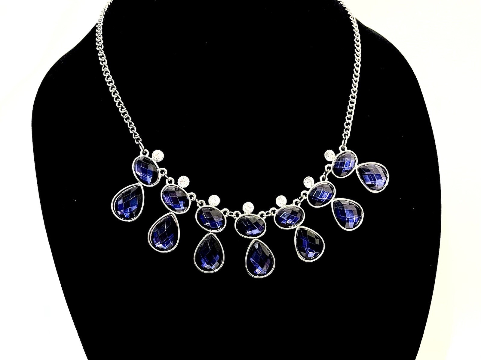 Navy Blue Cascading Waterfall Statement Fashion Costume Jewelry Necklacee w Box