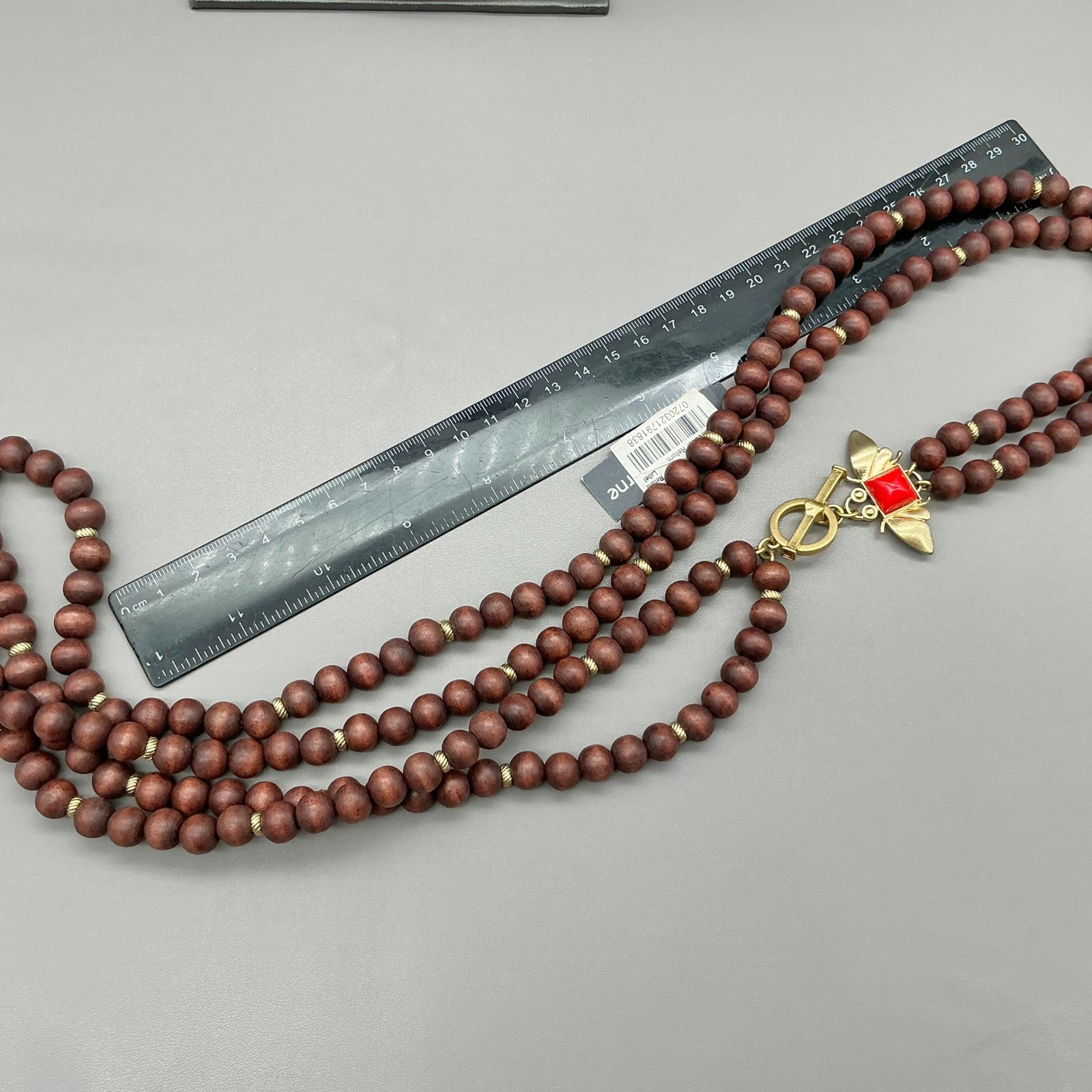 Liz Claiborne Necklace Womens Brown Wood Bead Gold Tone Bee Red Stone 36 Inches