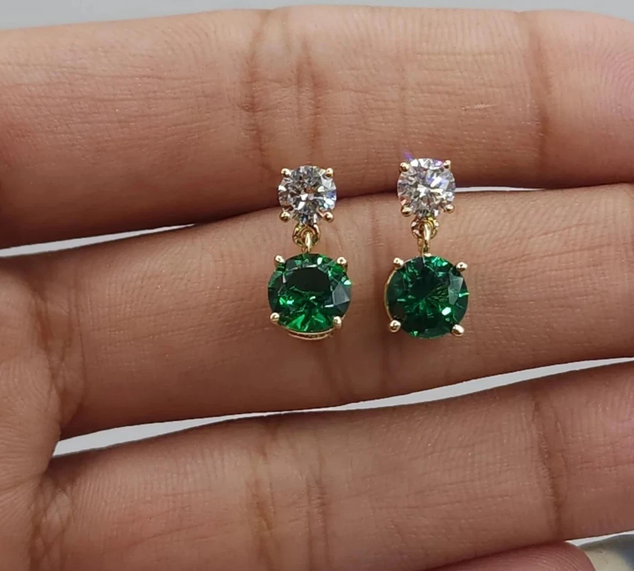 2.20Ct Round Cut Simulated Emerald Stunning Drop Earrings 14K Yellow Gold Plated