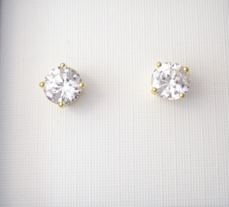 Sterling Silver Gold PL Stud Earrings Big 6.8 MM Sparkling CZ Stones Boxed JCM