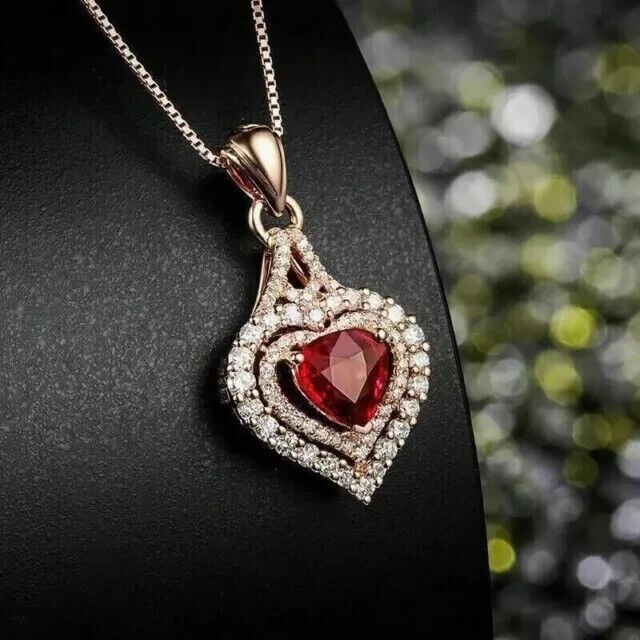 14k Rose Gold Plated 2Ct Heart Simulated Red Ruby Double Heart Shape Pendant