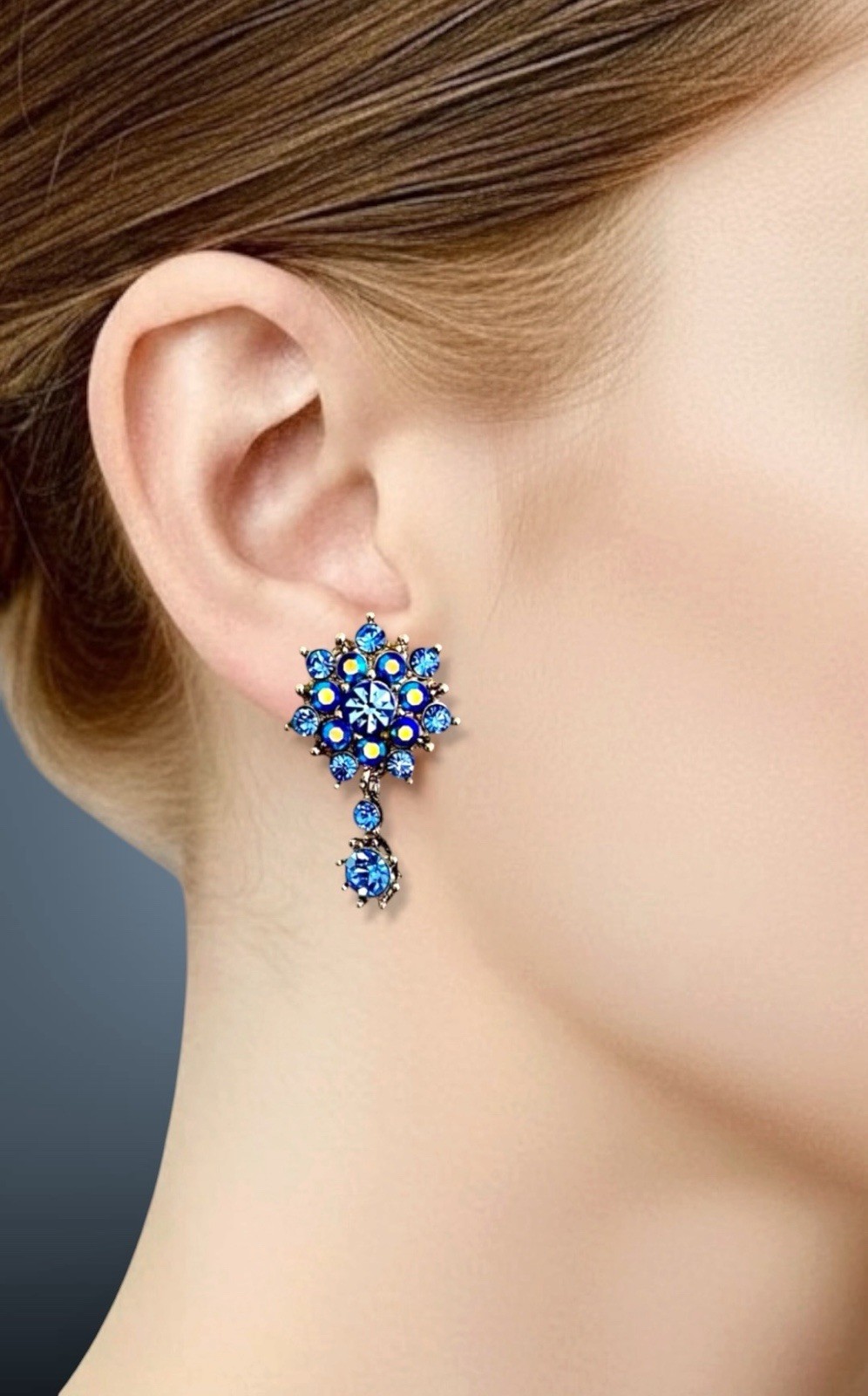 1.3/8″ Drop Iridescent & Ice Blue Acrylic Crystals Rhinestones Dainty Earrings