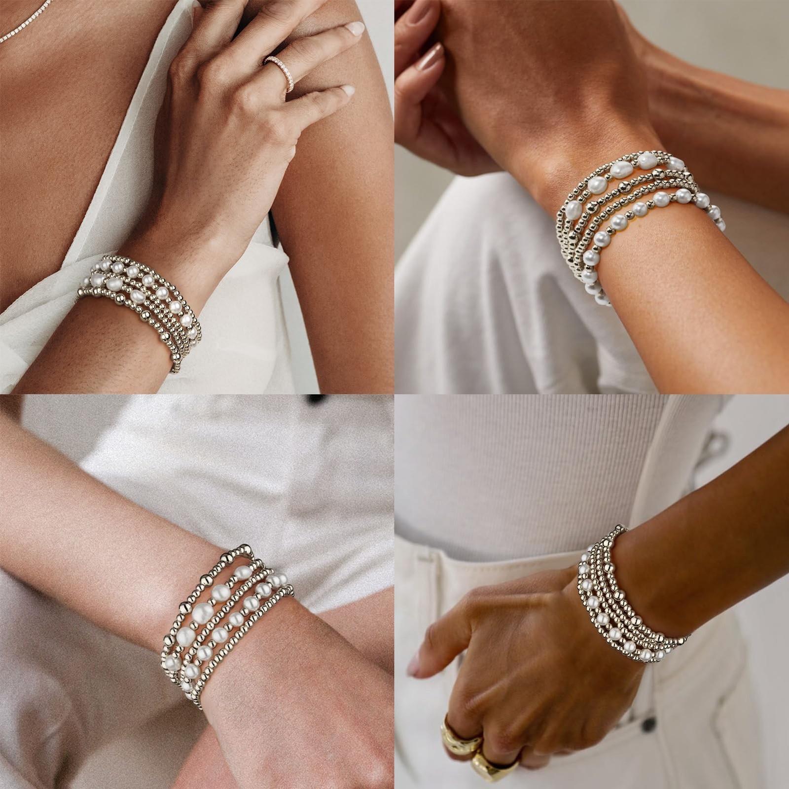 Silver Bracelets For Women Trendy Cute Pearl Beaded Gold Bracelet Stack Set E…