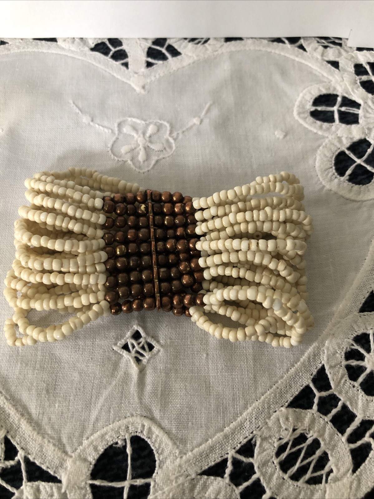 Micro Bead Multi Strand Bracelet Cream & Copper 1 1/2”W 8”Circumference Slip On