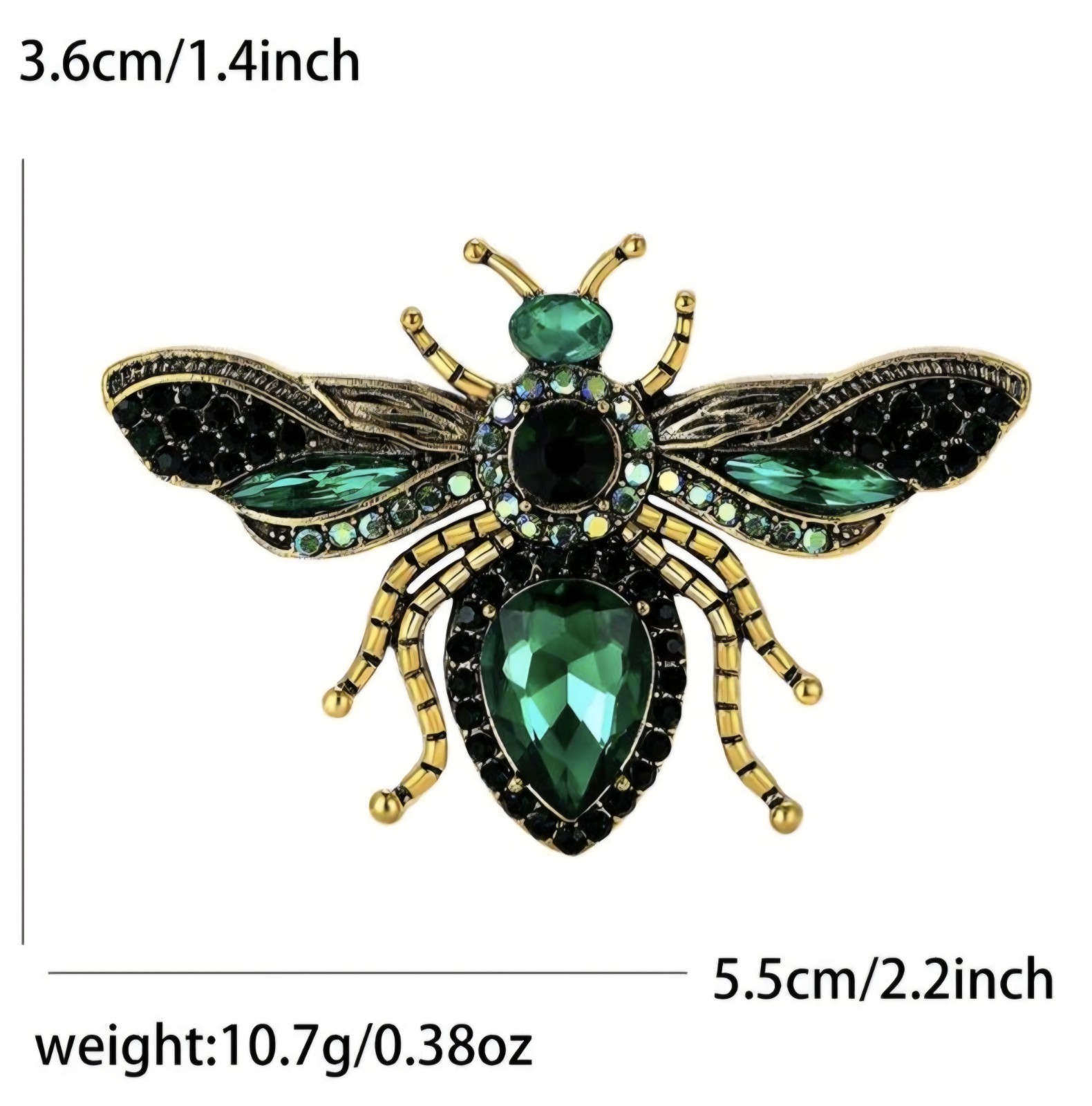 Green Rhinestone Bee Brooch Gold Tone Flying Insect Wasp Pin Cute Summer Jewelry