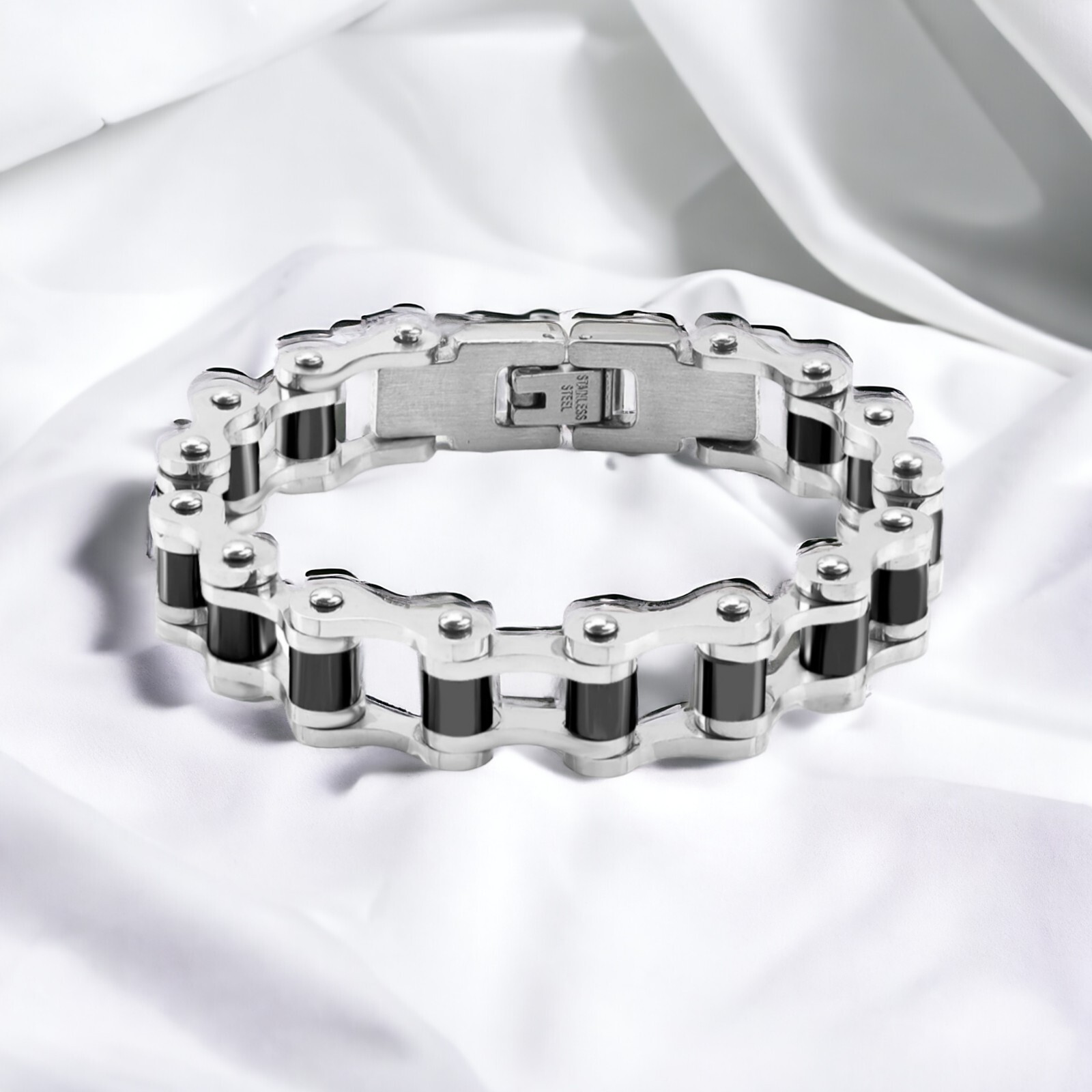 NEW 8″ Bike Chain Bracelet 316L Stainless Steel & Black W/ Snap Lock Closure