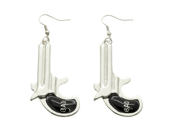 Hip Hop Urban Fashion Silver Derringer Gun / Pistol BAD Bling Earrings