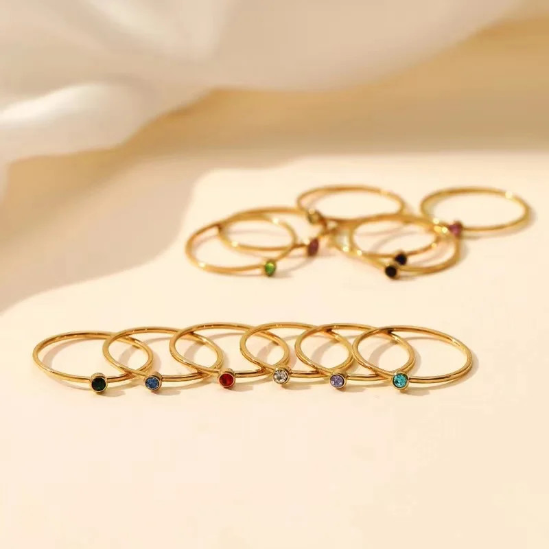 Stainless Steel Ring Gold Plated Birthstone Simple Band Women Size Jewelry