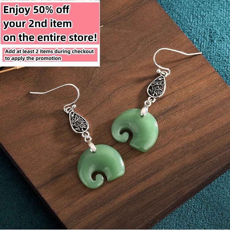 Jade Bohemian Drop Dangle Earrings Elephant Gemstone Boho 18K White Gold Plated