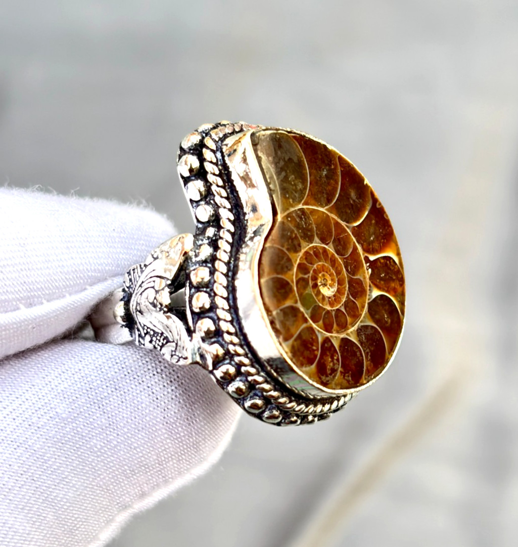 Natural Ammonite Gemstone Handmade 925 Sterling Silver Ethnic Jewelry Ring