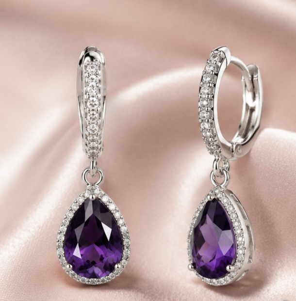2.50Ct Pear Cut Simulated Amethyst Wedding Hoop Earrings 14K White Gold Plated