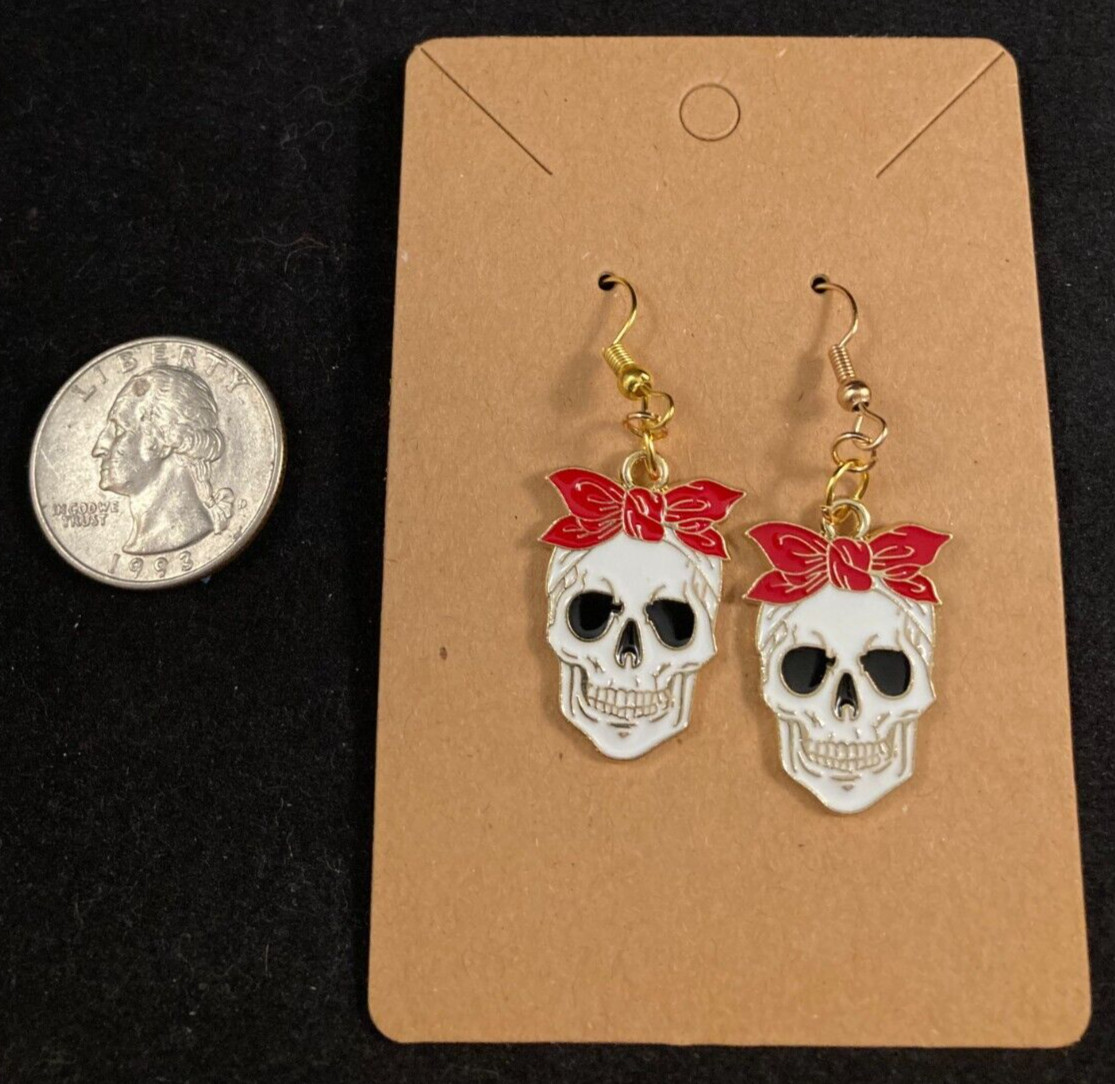 Skull with Red Headband – Dangle – Halloween – Gold – Handmade