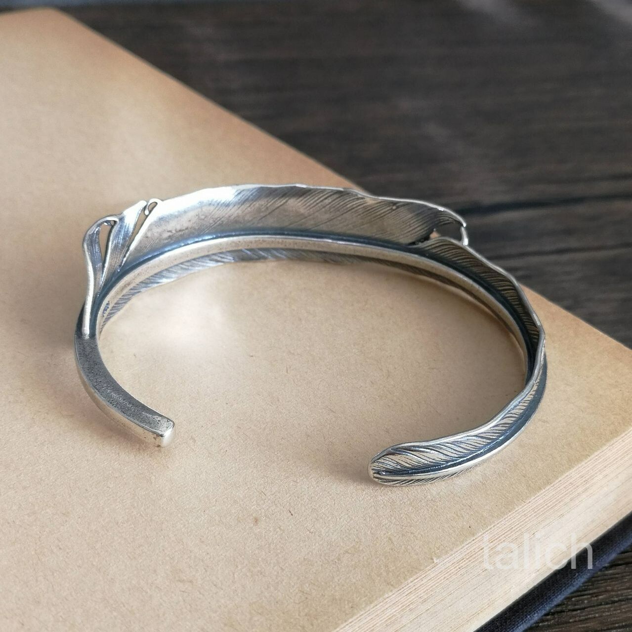 Solid 925 Sterling Silver Feather Cuff Bracelet Adjustable Unique Fine Details