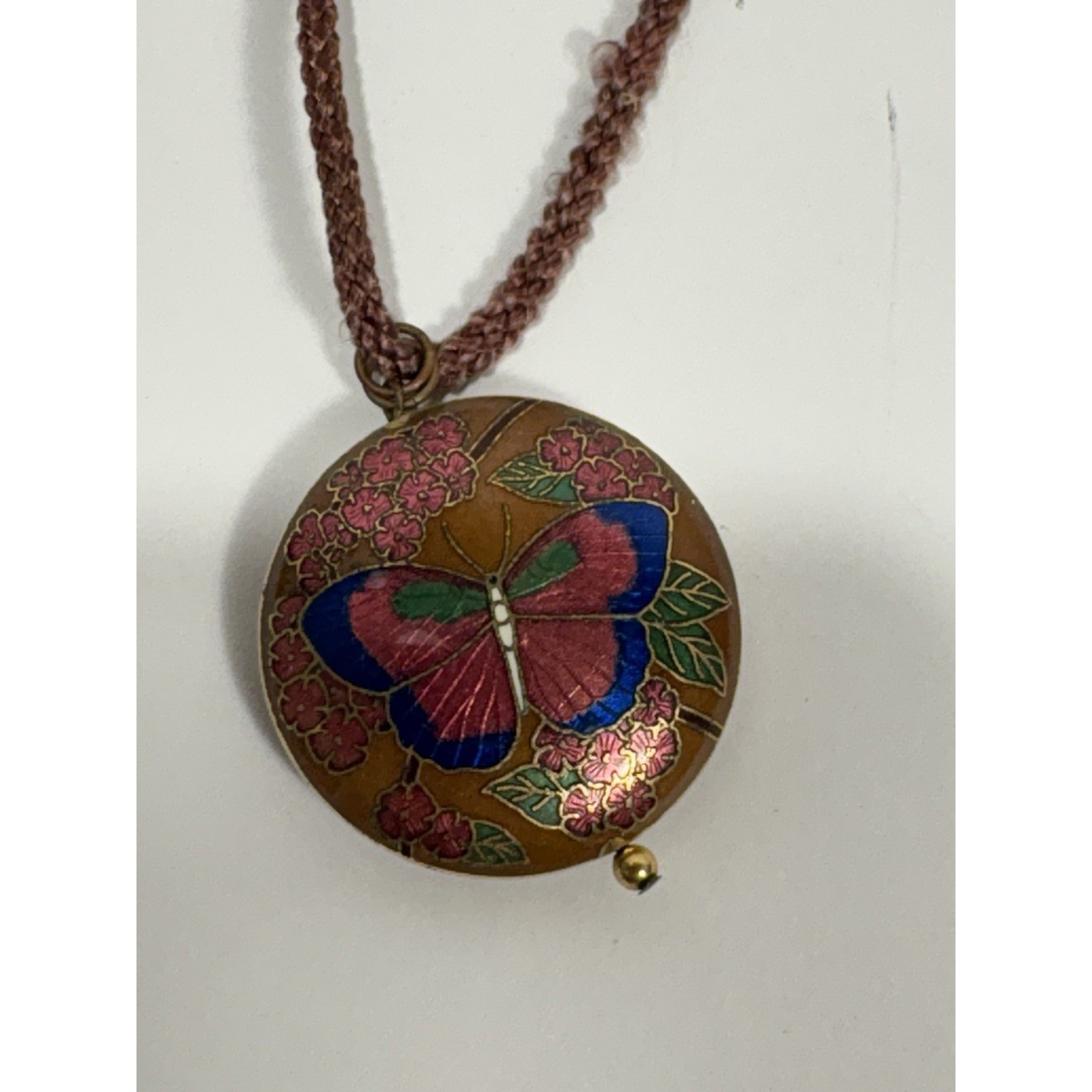 Vintage Cloisonne Butterfly Pendant Necklace Braided Cord Enamel Floral Bronze
